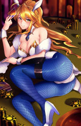 Rule 34 | 1girl, animal ears, artoria pendragon (all), artoria pendragon (fate), artoria pendragon (swimsuit ruler) (fate), blonde hair, blue pantyhose, breasts, desk, detached collar, fake animal ears, fate/grand order, fate (series), green eyes, hair between eyes, high heels, highres, large breasts, leotard, long hair, looking at viewer, lying, on desk, on side, pantyhose, playboy bunny, poker chip, ponytail, rabbit ears, shumiao, sidelocks, solo, strapless, strapless leotard, thigh strap, white footwear, white leotard, wrist cuffs