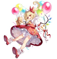 Rule 34 | 1girl, ascot, balloon, blonde hair, blush, collared shirt, commentary, crystal, fang, flandre scarlet, frilled shirt collar, frills, hat, highres, long hair, mob cap, one side up, open mouth, paragasu (parags112), petticoat, puffy short sleeves, puffy sleeves, red eyes, red footwear, red skirt, red vest, shirt, shoes, short sleeves, simple background, skirt, smile, socks, solo, stuffed animal, stuffed toy, symbol-only commentary, teddy bear, touhou, vest, white background, white hat, white shirt, white socks, wings, yellow ascot