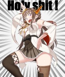 Rule 34 | 10s, 1girl, arm up, armpits, bare shoulders, boots, breasts, brown hair, cowboy shot, detached sleeves, emphasis lines, english text, hair bun, hairband, headgear, highres, impossible clothes, japanese clothes, kantai collection, kongou (kancolle), large breasts, long hair, nontraditional miko, open mouth, profanity, purple eyes, sarashi, single hair bun, skirt, solo, sukeroku (treeee), sweatdrop, thigh boots, thighhighs, wide sleeves, zettai ryouiki