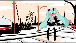 Rule 34 | 1girl, absurdres, aqua eyes, cloud, detached sleeves, hatsune miku, highres, lamppost, long hair, meneru, railroad tracks, red scarf, road sign, scarf, sign, skirt, sky, solo, thighhighs, twintails, vocaloid