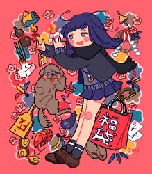 Rule 34 | 1girl, absurdres, black hair, blush stickers, brown footwear, dated, dog, full body, grey eyes, highres, jewelry, long hair, long sleeves, necklace, original, pink background, sandals, scarf, shoes, shrimp, sizucomaru, solo, sweater