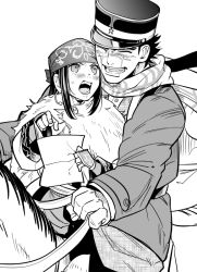 Rule 34 | 10s, 1boy, 1girl, ainu, ainu clothes, asirpa, asu (asoras), bandana, blush, cape, closed eyes, coat, earrings, fingerless gloves, fur cape, gloves, golden kamuy, greyscale, hat, hoop earrings, horseback riding, jewelry, long hair, long sleeves, looking at another, military, military hat, military uniform, monochrome, multiple riders, open mouth, paper, reins, riding, scar, scar on face, scarf, short hair, shouting, simple background, smile, sugimoto saichi, sweatdrop, uniform, white background