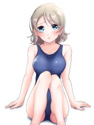 Rule 34 | 1girl, akira hjk, ass, barefoot, blue eyes, blush, brown hair, looking at viewer, love live!, love live! sunshine!!, one-piece swimsuit, short hair, simple background, solo, swimsuit, thighs, watanabe you, wavy hair