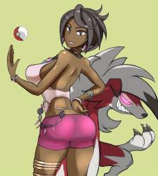 Rule 34 | 1girl, animal ears, anklet, ass, back, backless outfit, black eyes, black hair, bracelet, breasts, choi kada, claws, cowboy shot, creatures (company), crop top, dark-skinned female, dark skin, earrings, elite four, from behind, fur, game freak, gem, gen 7 pokemon, glowing, glowing eyes, green background, grin, hand on own hip, holding, holding poke ball, island kahuna, jewelry, lipstick, looking at viewer, looking back, lycanroc, lycanroc (midnight), makeup, neck ring, necklace, nintendo, olivia (pokemon), pink eyes, poke ball, pokemon, pokemon (creature), pokemon sm, purple shorts, sharp teeth, short hair, short shorts, shorts, sideboob, simple background, sleeveless, smile, solo, tail, teeth, thighlet, wolf ears, wolf tail, yoroi kabuto