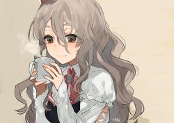 Rule 34 | 10s, 1girl, artist name, ascot, bad id, bad twitter id, blush, breasts, brown eyes, commentary request, cup, frilled sleeves, frills, grey hair, hair between eyes, hat, hita (hitapita), kantai collection, long hair, long sleeves, mini hat, mug, pola (kancolle), shirt, simple background, smile, solo, steam, upper body, wavy hair, white shirt