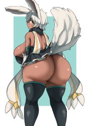 Rule 34 | 1girl, animal ear request, animal ears, ass, bare shoulders, blue lips, breasts, commission, dark-skinned female, dark skin, elbow gloves, from behind, gloves, highres, huge ass, huge breasts, looking back, microskirt, original, sakanadaze, scarf, short hair, skirt, solo, tail, thighhighs, white hair, yellow eyes