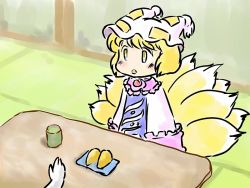Rule 34 | 1girl, blonde hair, blush, cup, dress, female focus, fox tail, green tea, hat, hat with ears, mikashimo, mikasimo, multiple tails, open mouth, pink dress, plate, short hair, sitting, tabard, table, tail, tatami, tea, teacup, touhou, yakumo ran, yellow eyes, yunomi