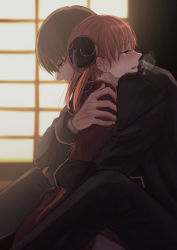 Rule 34 | 1boy, 1girl, backlighting, bad id, bad pixiv id, black jacket, black pants, blue eyes, blush, brown hair, china dress, chinese clothes, couple, double bun, dress, from side, gintama, hair between eyes, hair bun, hug, jacket, kagura (gintama), long hair, long sleeves, okita sougo, open mouth, pants, red dress, red eyes, side slit, sweatdrop, szzz k, twintails