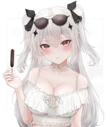 Rule 34 | 1girl, :t, blush, bow, breasts, chiawara, choker, cleavage, crop top, eating, eyewear on head, food, hair bow, hair ornament, hand up, highres, indie virtual youtuber, lace, lace choker, large breasts, long hair, looking at viewer, off shoulder, pointy ears, popsicle, red eyes, seeledayo, simple background, solo, sunglasses, upper body, very long hair, virtual youtuber, white background, white hair