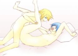 Rule 34 | 2boys, anal, armpits, artist request, ass, bare shoulders, barefoot, bed, bed sheet, blonde hair, blue eyes, blue hair, breath, clenched teeth, covering another&#039;s mouth, eye contact, hand on mouth, hand over another&#039;s mouth, kagamine len, kaito (vocaloid), kneeling, leg grab, legs, looking at another, lying, male focus, male penetrated, md5 mismatch, moaning, multiple boys, nude, on back, open mouth, pillow, resized, sex, short hair, teeth, vocaloid, yaoi