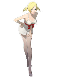 Rule 34 | 1girl, atlus, blonde hair, blue eyes, bow, bra, breasts, catherine, catherine: full body, catherine (game), cleavage, drill hair, eyeshadow, full body, lace, lace-trimmed bra, lace-trimmed legwear, lace-trimmed panties, lace trim, leaning forward, looking at viewer, makeup, official art, panties, red bow, simple background, soejima shigenori, solo, thighhighs, twin drills, twintails, underwear, waist bow, white background, white bra, white panties, white thighhighs