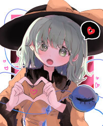 Rule 34 | 1girl, black hat, blouse, blush, bow, bright pupils, buttons, diamond button, eyeball, frilled shirt collar, frilled sleeves, frills, green eyes, hat, hat bow, hat ribbon, heart, heart-shaped pupils, highres, komeiji koishi, light green hair, long sleeves, looking at viewer, medium hair, open mouth, ramochi, ribbon, shirt, solo, symbol-shaped pupils, third eye, touhou, upper body, wavy hair, wide sleeves, yellow bow, yellow ribbon, yellow shirt