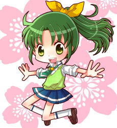Rule 34 | 10s, 1girl, :d, bad id, bad pixiv id, eyelashes, green eyes, green hair, green necktie, green sweater vest, hiyopuko, jumping, matching hair/eyes, midorikawa nao, necktie, open mouth, ponytail, precure, school uniform, short hair, sleeves rolled up, smile, smile precure!, socks, solo, sweater vest, vest
