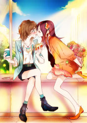 Rule 34 | 2girls, badge, bare legs, blush, boots, bouquet, bracelet, brown hair, button badge, character request, collarbone, cup, dress, drink, closed eyes, face-to-face, flower, food, hair ornament, hairpin, heart, imminent kiss, jacket, jewelry, crossed legs, long hair, multiple girls, necklace, open clothes, open jacket, petals, profile, purple hair, red hair, sandwich, shoes, short dress, short hair, shorts, shy, sitting, skirt, sky, sleeves rolled up, slippers, source request, sweatdrop, tima, wristband, yuri