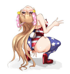 Rule 34 | 1girl, absurdres, adapted costume, alternate costume, amagi (amagi626), american flag, american flag legwear, animal ears, arched back, ass, backless outfit, bare shoulders, blonde hair, breasts, clownpiece, commentary request, double v, fake animal ears, fake tail, head back, high heels, highres, leotard, long hair, looking ahead, looking back, medium breasts, aged up, playboy bunny, purple eyes, rabbit ears, rabbit tail, red footwear, smile, solo, squatting, tail, thick thighs, thighhighs, thighs, touhou, v, white background