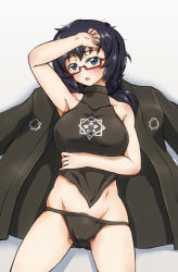 Rule 34 | 10s, 1girl, bad id, bad pixiv id, black hair, black panties, blue eyes, blush, breast hold, breasts, chinese clothes, dudou, eshi (solokov), female pubic hair, girls und panzer, glasses, halterneck, haori, jacket, japanese clothes, looking at viewer, loose panties, lying, messy hair, octagram, on back, open clothes, open mouth, oryou (girls und panzer), panties, pubic hair, semi-rimless eyewear, short hair, solo, solokov (okb-999), under-rim eyewear, underwear