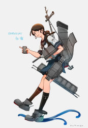 Rule 34 | 1girl, absurdres, adapted turret, anchor symbol, bad id, bad pixiv id, black legwear, blue sailor collar, blue skirt, brown hair, character name, dated, depth charge, grey footwear, highres, kantai collection, kuragare, low twintails, machinery, parted bangs, pleated skirt, rigging, romaji text, sailor collar, shirayuki (kancolle), short sleeves, short twintails, signature, skirt, torpedo launcher, translation request, twintails