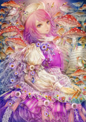 Rule 34 | 1girl, adapted costume, bad id, bad pixiv id, badge, bird, bird request, blue eyes, buttons, embellished costume, embroidery, female focus, flower, fly agaric, hat, highres, lace, layered skirt, letty whiterock, lips, long sleeves, mushroom, musical note, paper, purple eyes, purple hair, ribbon, short hair, skirt, smile, snowflakes, solo, striped ribbon, touhou, tree, vertical stripes, vest, yogisya