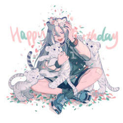 Rule 34 | 1girl, :d, absurdres, alternate costume, animal ears, arknights, blue footwear, closed mouth, facing viewer, happy birthday, highres, indian style, indra (arknights), jacket, long hair, long sleeves, open mouth, shoes, silver hair, sitting, smile, sneakers, solo, tiger, tiger cub, tiger ears, towne