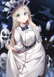 Rule 34 | 1girl, absurdres, bad id, bad pixiv id, belt, black belt, black bow, blonde hair, blue eyes, blue fire, bow, candle, commentary, fire, ghost, halloween, hat, highres, huge filesize, kuse (0201), long hair, long skirt, looking at viewer, open mouth, original, purple bow, skirt, skull, solo, white skirt
