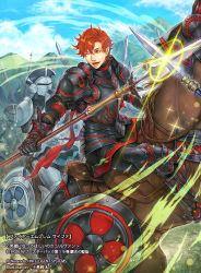 Rule 34 | 1boy, 2others, armor, armored boots, boots, cloud, day, fire emblem, fire emblem: three houses, fire emblem cipher, gloves, helmet, horse, horseback riding, male focus, mountain, multiple others, nintendo, official art, one eye closed, open mouth, polearm, red eyes, red hair, riding, shiki karuta, sky, solo focus, sparkle, spear, sylvain jose gautier, teeth, weapon