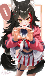 Rule 34 | 1girl, absurdres, animal ear fluff, animal ears, bike shorts, black hair, circle hands, collared shirt, colored tips, commentary request, cropped shirt, double-parted bangs, flipped hair, garter straps, hair between eyes, hair ornament, hairclip, heart, heart print, highres, hololive, hood, hooded jacket, jacket, kito koruta, knees out of frame, leaning forward, long hair, long sleeves, looking at viewer, low-tied long hair, midriff, miniskirt, multicolored clothes, multicolored hair, multicolored jacket, navel, neckerchief, o-ring, o-ring thigh strap, official alternate costume, ookami mio, open clothes, open jacket, open mouth, pink jacket, pleated skirt, print shirt, puffy long sleeves, puffy sleeves, red hair, red shirt, red skirt, sailor collar, shirt, sidelocks, signature, single off shoulder, skirt, sleeveless, sleeveless shirt, solo, spiked hair, standing, streaked hair, tail, tail around own leg, tail wrap, thigh strap, two-tone jacket, two-tone skirt, very long hair, virtual youtuber, white hair, white jacket, white sailor collar, white skirt, wolf ears, wolf girl, wolf tail, x hair ornament, yellow eyes