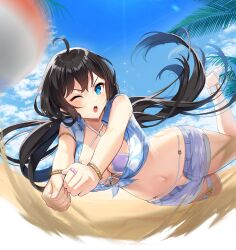 Rule 34 | 1girl, ;o, ahoge, ball, bare arms, bare legs, beach, beach volleyball, bikini, black hair, blue eyes, blue shirt, blue sky, blush, bracelet, breasts, closers, cloud, coconut tree, cropped shirt, floating hair, front-tie bikini top, front-tie top, full body, highres, jewelry, jumping, large breasts, long hair, looking at viewer, low twintails, navel, official art, one eye closed, open clothes, open shorts, outdoors, outstretched arms, palm tree, playing sports, purple bikini, purple shorts, ring, sand, sandals, shirt, short shorts, shorts, sky, sleeveless, solo, stomach, sweat, swimsuit, teeth, thigh strap, tied shirt, tree, twintails, upper teeth only, v-shaped eyebrows, volleyball, volleyball (object), white footwear, yuri seo