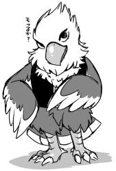 Rule 34 | 1boy, animal crossing, animal feet, apollo (animal crossing), beak, bird boy, bird legs, bird tail, body fur, bottomless, claws, closed mouth, full body, furry, furry male, greyscale, head tilt, japanese text, looking at viewer, male focus, monochrome, negoya, nintendo, simple background, sketch, solo, standing, tail, talking, translation request, vest, white background, wings