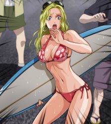 Rule 34 | 1girl, bikini, blonde hair, bra, earrings, highres, jewelry, long hair, one-punch man, open mouth, panties, standing, stitched, sunglasses, sunglasses on head, swimsuit, third-party edit, underwear, wet