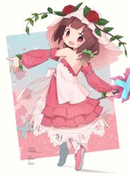 Rule 34 | 1girl, blush, brown hair, character name, copyright name, detached sleeves, flower, fuda yumine, full body, highres, looking at viewer, okayparium, open mouth, plant, red eyes, red flower, red rose, rose, short hair, smile, solo, stella no mahou, vines
