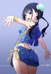 Rule 34 | 1girl, back bow, black hair, blue background, blue bow, blue dress, blue eyes, bow, breasts, bun cover, china dress, chinese clothes, commentary request, cross-laced clothes, dated, dress, from behind, gradient background, hair bun, highres, looking at viewer, medium breasts, nii manabu, open mouth, original, outstretched arms, short dress, side slit, sideways mouth, signature, smile, solo, spread arms, turning head, two side up, white background, wristband, yellow wristband