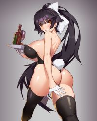 Rule 34 | 1girl, absurdres, ass, azur lane, bad id, bad twitter id, bare shoulders, black hair, black thighhighs, bottle, bow, breasts, embarrassed, gloves, hair bow, highres, large breasts, leotard, long hair, looking at viewer, looking back, playboy bunny, rabbit tail, tail, takao (azur lane), takao (full throttle charmer) (azur lane), thick thighs, thighhighs, thighs, waitress, yeong r6