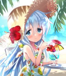 Rule 34 | 1girl, beach, blue eyes, commentary request, dappled sunlight, day, dress, drink, floral print, flower, hair flower, hair ornament, hat, hibiki (kancolle), hibiscus, highres, hizuki yayoi, kantai collection, leaf, lens flare, long hair, looking at viewer, outdoors, silver hair, sitting, sleeveless, sleeveless dress, solo, spaghetti strap, straw hat, sun hat, sundress, sunlight, table