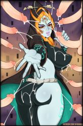 Rule 34 | 1girl, afrobull, ass, bottomless, breasts, colored sclera, colored skin, cum, cum on ass, cum on body, cum on breasts, cum on upper body, curvy, facial, from behind, headpiece, highres, huge ass, large breasts, lips, looking at viewer, midna, midna (true), multicolored skin, multiple boys, multiple penises, nintendo, orange hair, penis, red eyes, robe, the legend of zelda, the legend of zelda: twilight princess, uncensored, yellow sclera