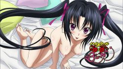 Rule 34 | 10s, 1girl, barefoot, black hair, breasts, completely nude, copyright name, demon girl, eyecatch, feet, hair ribbon, high school dxd, high school dxd born, highres, jpeg artifacts, long hair, looking at viewer, nipples, nude, purple eyes, purple ribbon, ribbon, screencap, serafall leviathan, solo, toes, tongue, tongue out, twintails