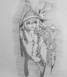 Rule 34 | 1girl, blood, bloody knife, flower, frilled sleeves, frills, greyscale, hat, hat ribbon, heart, heart of string, highres, holding, holding knife, kanaria (bocmn), knife, koishi day, komeiji koishi, long sleeves, monochrome, open mouth, ribbon, rose, shirt, short hair, simple background, sketch, skirt, smile, solo, teeth, third eye, touhou, traditional media, upper teeth only, wide sleeves