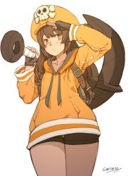Rule 34 | 1girl, absurdres, anchor, arc system works, artist name, bad id, bad pixiv id, bike shorts, brown hair, carcass (artist), fingerless gloves, gloves, guilty gear, guilty gear strive, hair between eyes, hat, highres, holding, holding weapon, jacket, may (guilty gear), md5 mismatch, orange hat, orange jacket, pirate hat, resolution mismatch, salute, simple background, skull and crossbones, solo, source smaller, weapon, white background