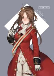 Rule 34 | 1girl, absurdres, blush, braid, breasts, brown hair, bullet, coat, french braid, girls&#039; frontline, gloves, green eyes, hair ornament, highres, holding, holding strap, lee-enfield (girls&#039; frontline), long hair, looking at viewer, pants, red coat, simple background, solo, thighhighs, uniform, white gloves, white pants, wonnie