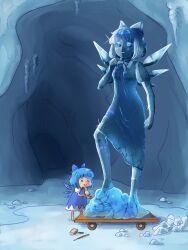 Rule 34 | 1girl, :q, animated, animated gif, blue bow, blue dress, blue eyes, blue hair, bow, breasts, chibi, cirno, cirno day, dress, hair bow, ice, ice cave, ice sculpture, ice wings, icicle, looping animation, manamanami, neck ribbon, puffy short sleeves, puffy sleeves, ribbon, sculpting, shirt, short hair, short sleeves, small breasts, sparkle, tongue, tongue out, touhou, white shirt, wings