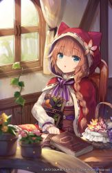 Rule 34 | 1girl, :o, animal ears, animal hood, basket, blue eyes, blush, book, braid, brown hair, center frills, chair, character request, cloak, commentary request, curtains, fake animal ears, flower, frills, grimms echoes, hood, hood up, hooded cloak, indoors, long hair, looking at viewer, makihitsuji, hugging object, on chair, parted lips, pink flower, red cloak, shirt, side braid, single braid, sitting, solo, table, white shirt, window