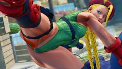 Rule 34 | 1girl, 3d, antenna hair, ass, bare shoulders, blonde hair, blue eyes, braid, breasts, cameltoe, cammy white, covered navel, curvy, gloves, green leotard, hat, highleg, highleg leotard, highres, huge ass, kicking, leotard, lips, long hair, looking to the side, medium breasts, red gloves, red hat, ryona, screencap, shiny clothes, solo, street fighter, street fighter v, thighs, third-party edit, thong leotard, twin braids, very long hair, wide hips