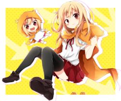 Rule 34 | 10s, 1girl, :d, :|, animal costume, black thighhighs, blonde hair, blush, brown eyes, chibi, closed mouth, doma umaru, dual persona, hamster, hamster costume, highres, himouto! umaru-chan, hood, komaru (himouto! umaru-chan), long hair, looking at viewer, multiple girls, open mouth, pleated skirt, polka dot, polka dot background, red eyes, red skirt, shirt, skirt, smile, solo focus, thighhighs, tosura-ayato, white shirt