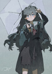 Rule 34 | 1girl, @ @, black hair, highres, original, potg (piotegu), rain, school uniform, solo, standing, umbrella