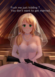 Rule 34 | 1girl, absurdres, backlighting, bad id, bad pixiv id, bare shoulders, bench, benelli m4 super 90, blank eyes, blonde hair, blood, blush, breasts, bride, choker, church, cleavage, collarbone, corset, cross-laced clothes, dark, dress, elbow gloves, ellen baker, empty eyes, english text, engrish text, eyebrows, finger on trigger, gloves, green eyes, gun, highres, holding, holding gun, holding weapon, indoors, jewelry, large breasts, long hair, looking at viewer, md5 mismatch, moegirlstudio, necklace, new horizon, pearl necklace, profanity, ranguage, see-through, shotgun, solo, strapless, strapless dress, teacher, text focus, veil, weapon, wedding dress, white gloves, yandere