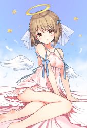 Rule 34 | 1girl, angel, angel wings, bare arms, bare legs, barefoot, beige dress, blue sky, blush, breasts, brown eyes, brown hair, collarbone, commentary request, detached wings, dress, feathered wings, feathers, hagiwara yukiho, hair between eyes, hair ornament, halo, idolmaster, idolmaster (classic), looking at viewer, occhan (11715), short hair, sitting, sky, small breasts, smile, solo, star (symbol), white feathers, white wings, wings