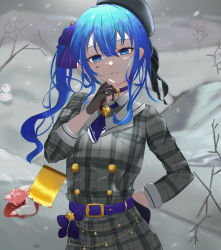 Rule 34 | 2girls, arm behind back, ascot, asymmetrical hair, axe, bare tree, belt, belt buckle, beret, black headwear, blizzard, blood, blood on face, blood stain, blue belt, blue choker, blue eyes, blue hair, branch, brooch, buckle, choker, corpse, death, dress, evil eyes, gloves, hair between eyes, hair ribbon, hand up, hat, hatchet (axe), highres, holding, holding axe, hololive, hoshimachi suisei, hoshimachi suisei (1st costume), jewelry, long hair, looking at viewer, multiple girls, murder, parted lips, partially fingerless gloves, plaid, plaid dress, project winter, ribbon, sakura miko, side ponytail, sidelocks, snow, snowing, snowman, solo focus, star (symbol), star choker, sty, tree, upper body, virtual youtuber