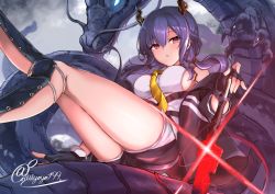 Rule 34 | 1girl, arknights, artist name, bare shoulders, black gloves, black jacket, blue hair, breasts, ch&#039;en (arknights), commentary, dragon, dragon horns, eastern dragon, fingerless gloves, gloves, hair between eyes, horns, jacket, kouno (uiyoyo199), large breasts, long sleeves, low twintails, off shoulder, open clothes, open jacket, parted lips, red eyes, shin guards, shirt, signature, sleeveless, sleeveless shirt, solo, symbol-only commentary, thighs, twintails, white shirt