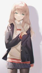 Rule 34 | 1girl, absurdres, arm at side, black pantyhose, blush, brown hair, facing viewer, green eyes, gridman universe, highres, jacket, long hair, long sleeves, minami yume, open clothes, open jacket, pantyhose, pola (1021), shadow, skirt, solo, ssss.dynazenon