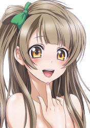 Rule 34 | 10s, 1girl, :d, bow, brown eyes, brown hair, completely nude, finger to own chin, green bow, hair bow, long hair, looking at viewer, love live!, love live! school idol project, minami kotori, nail polish, nanno koto, nude, one side up, open mouth, pink nails, smile, solo, upper body, white background