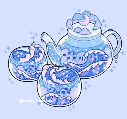 Rule 34 | blue background, blue clouds, blue theme, cloud, constellation, crescent moon, cup, emily kim, highres, manta ray, monochrome, moon, no humans, ocean, original, pastel colors, simple background, sparkle, teapot, twitter username, waves